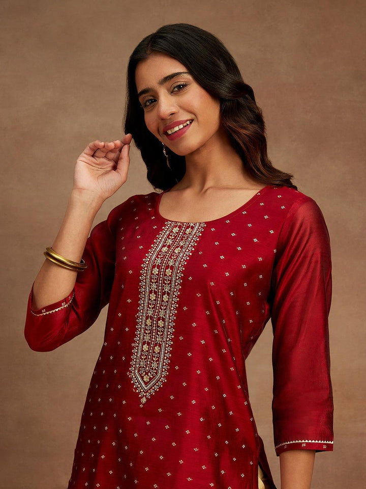 Maroon Chanderi Silk Woven Design Kurta - Libas