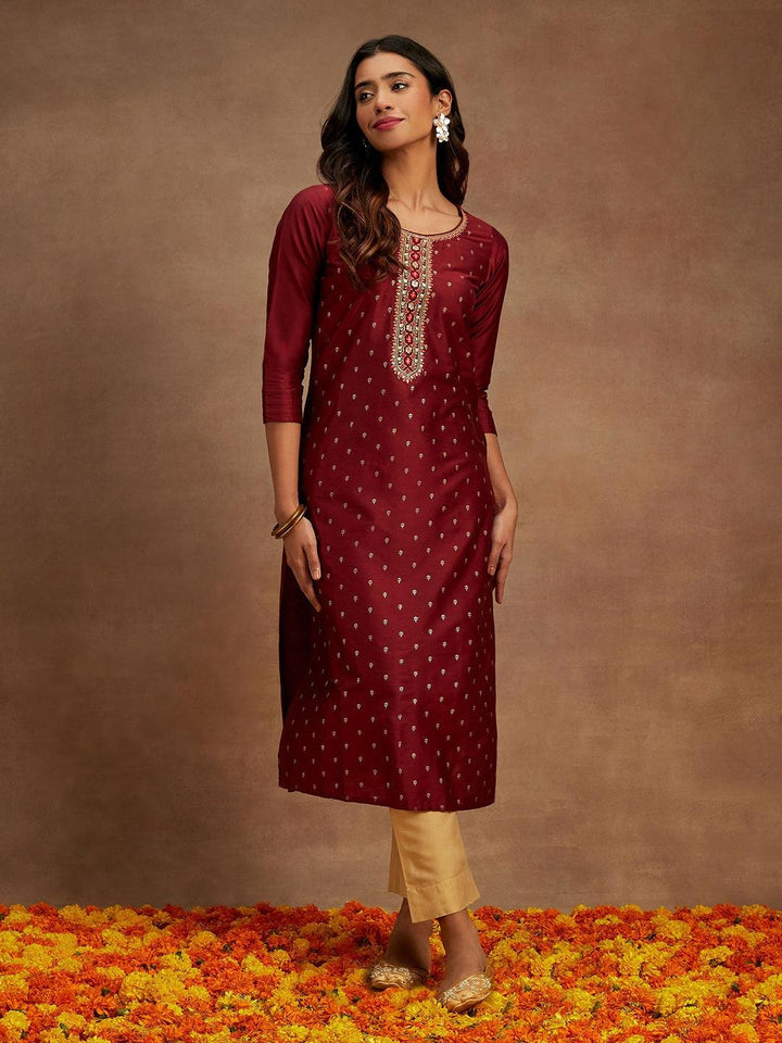 Maroon Embellished Chanderi Silk Straight Kurta - Libas