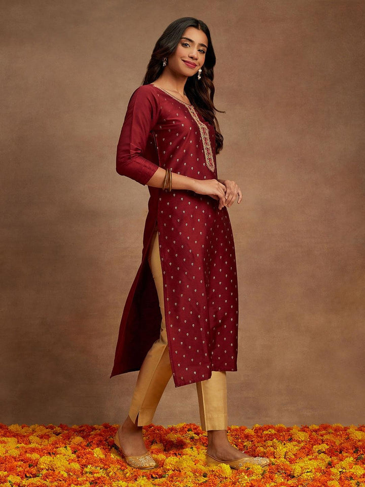 Maroon Embellished Chanderi Silk Straight Kurta - Libas