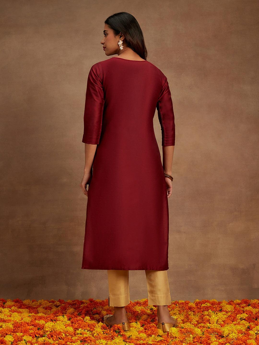 Maroon Embellished Chanderi Silk Straight Kurta - Libas