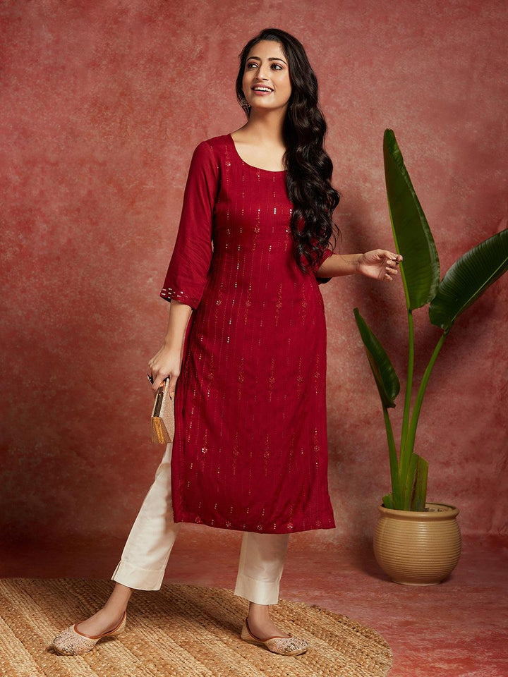 Maroon Embroidered Rayon Straight Kurta - Libas