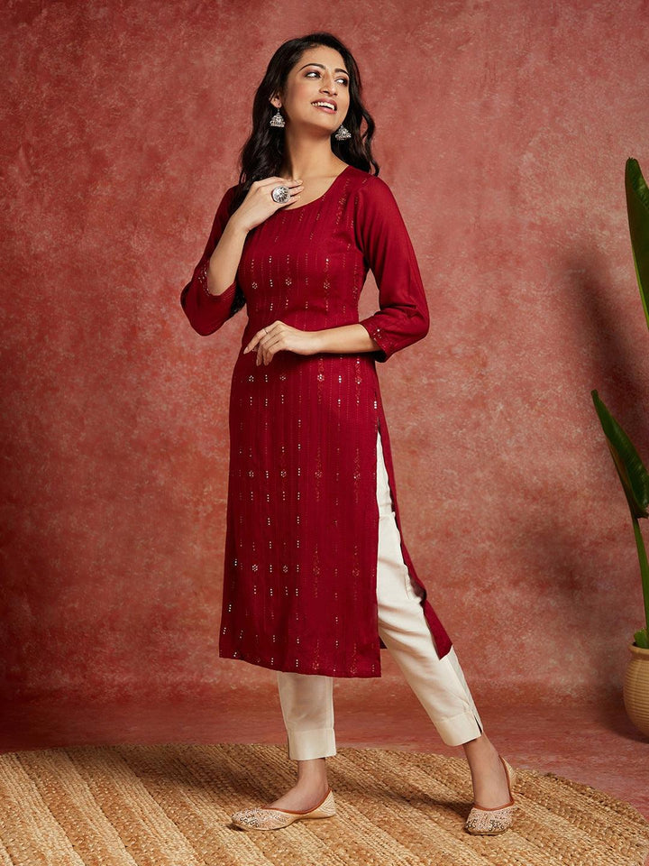 Maroon Embroidered Rayon Straight Kurta - Libas