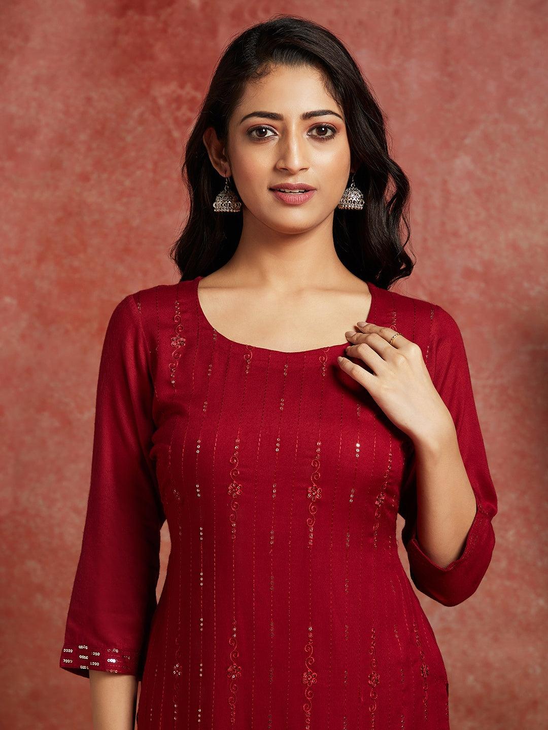 Maroon Embroidered Rayon Straight Kurta - Libas