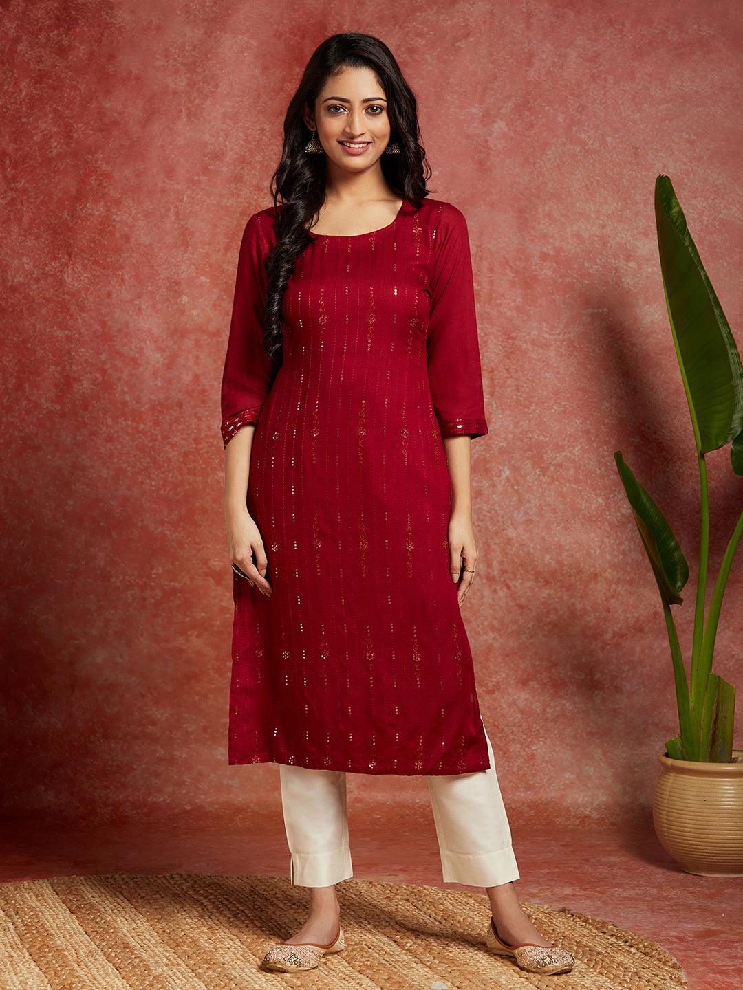 Maroon Embroidered Rayon Straight Kurta - Libas