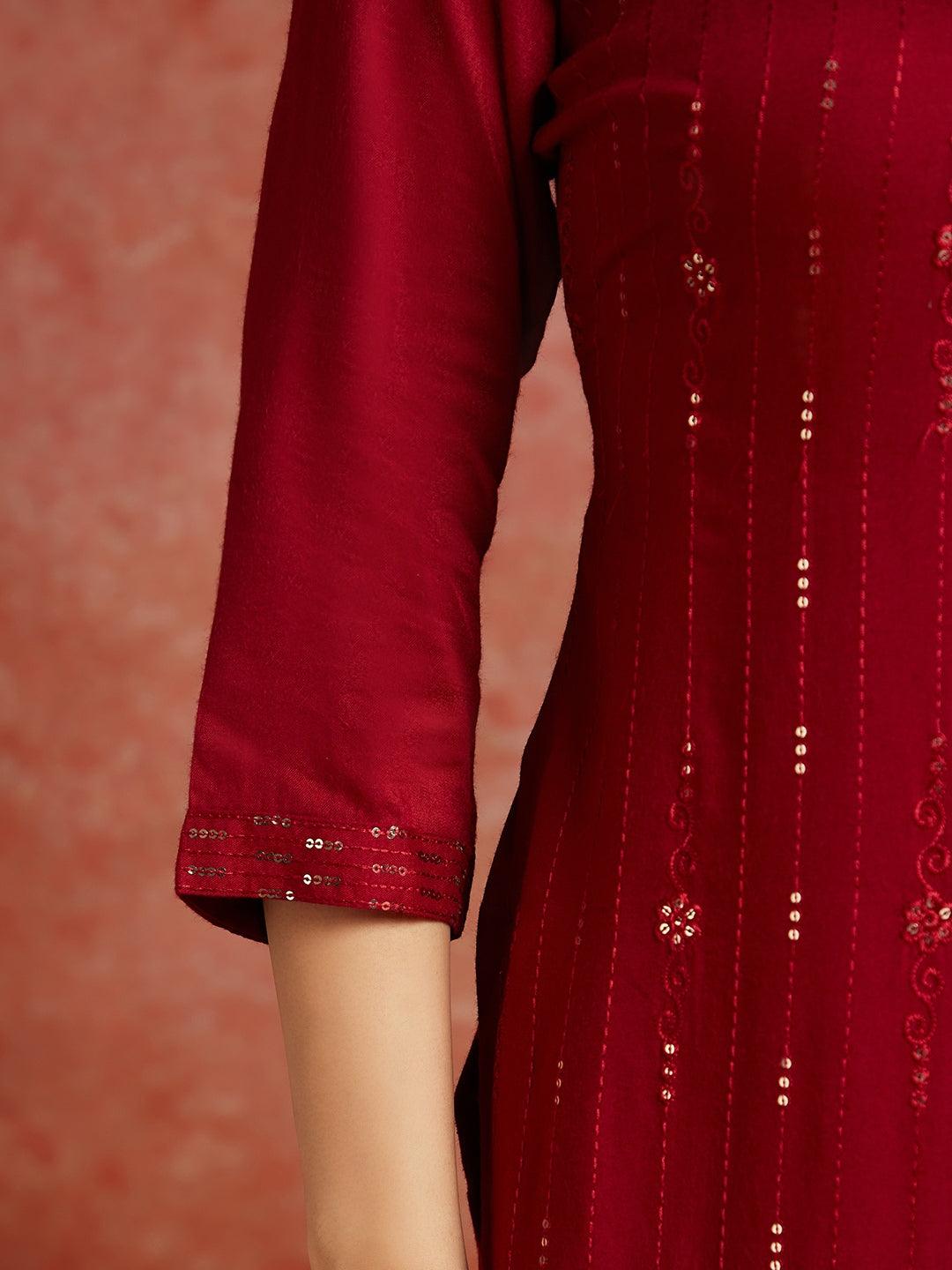 Maroon Embroidered Rayon Straight Kurta - Libas