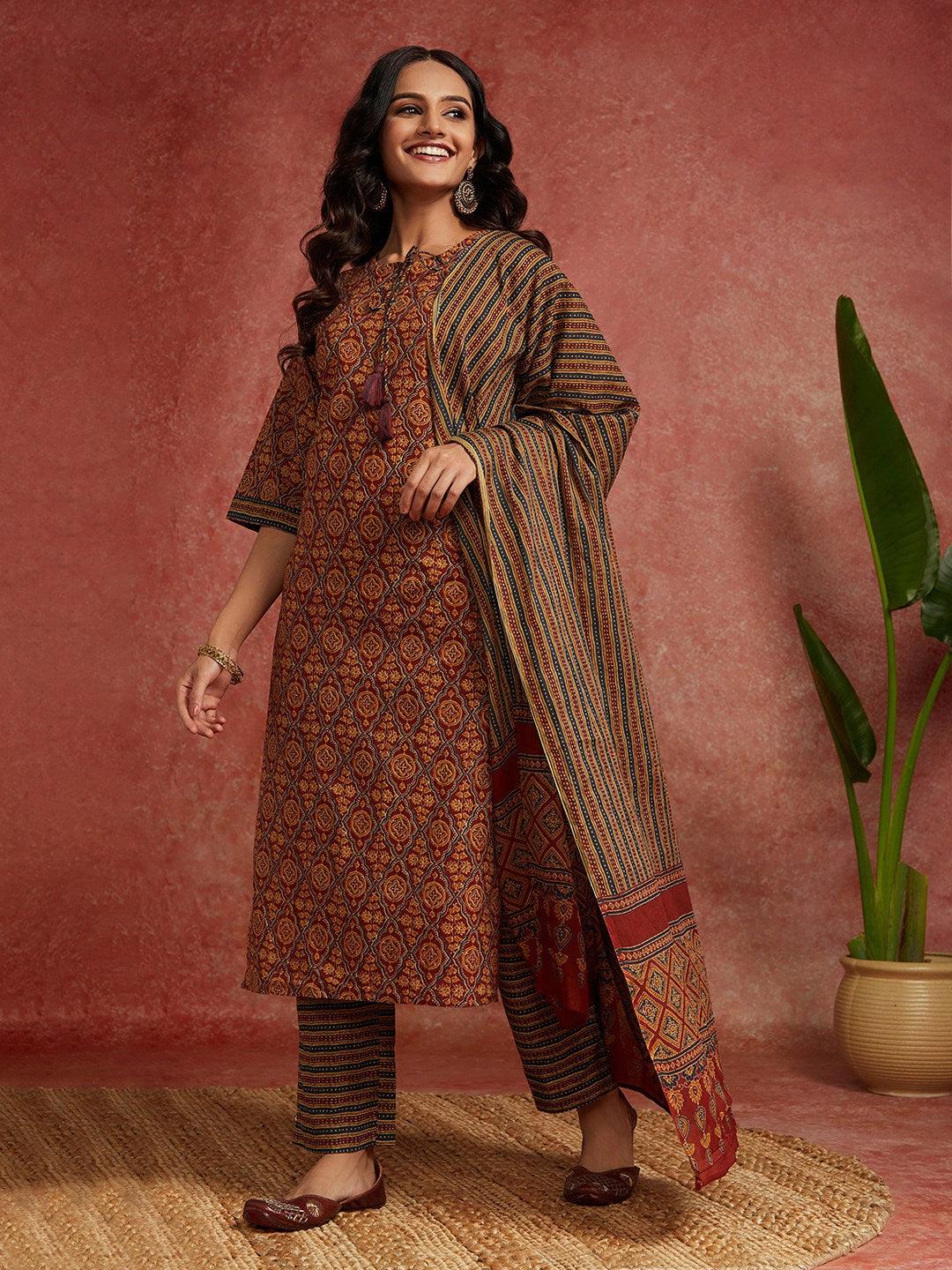 Maroon Printed Cotton Straight Kurta With Trousers & Dupatta - Libas