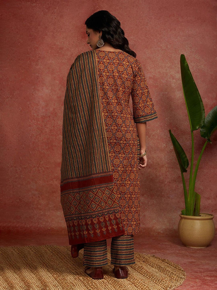 Maroon Printed Cotton Straight Kurta With Trousers & Dupatta - Libas