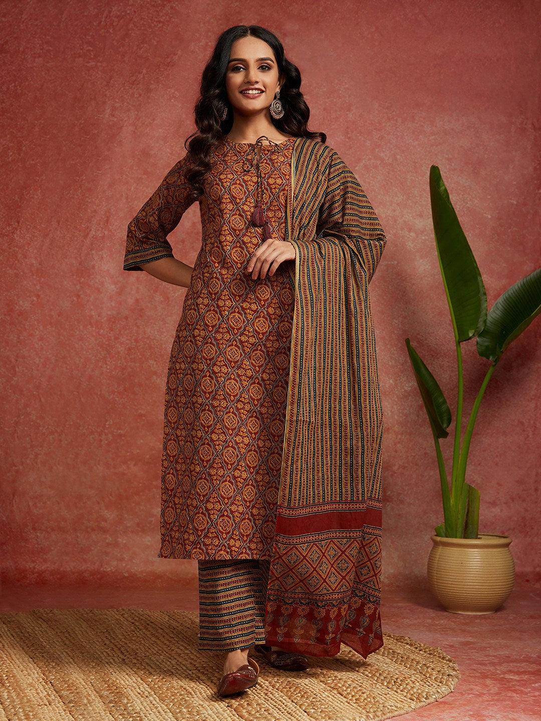 Maroon Printed Cotton Straight Kurta With Trousers & Dupatta - Libas