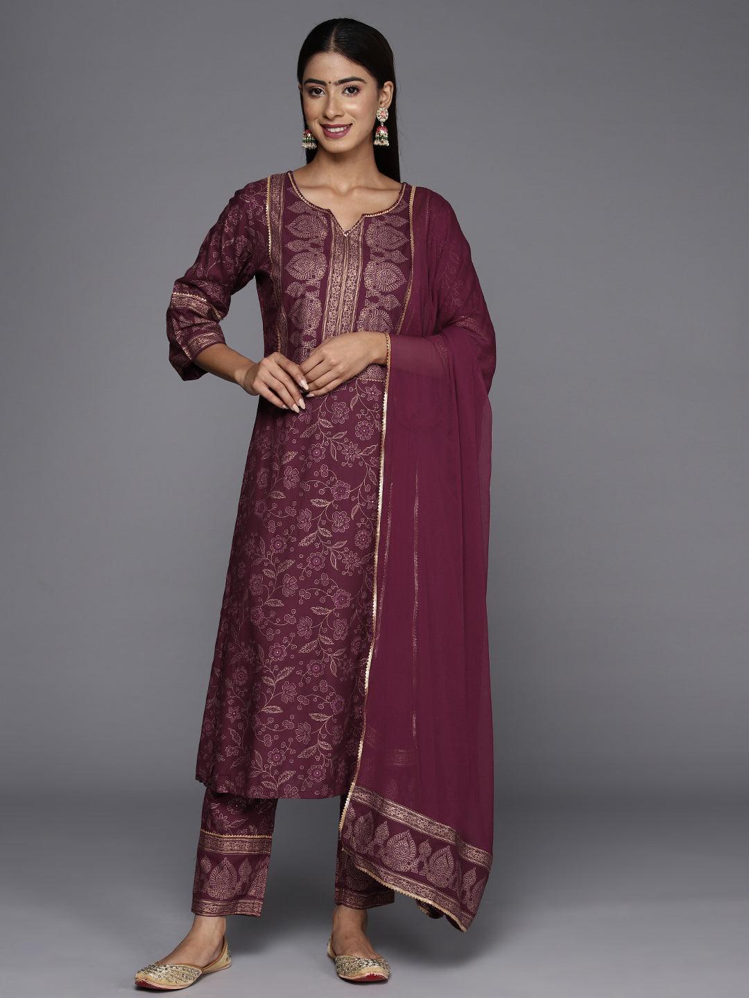 Maroon Printed Rayon A-Line Kurta With Trousers & Dupatta - Libas