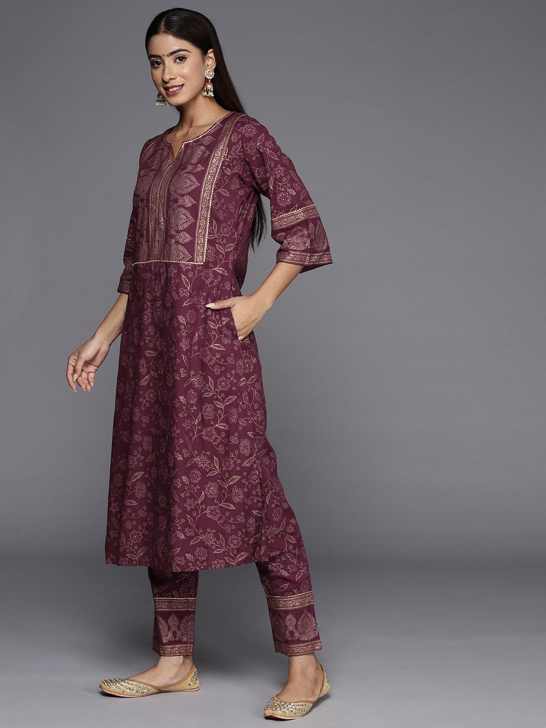 Maroon Printed Rayon A-Line Kurta With Trousers & Dupatta - Libas