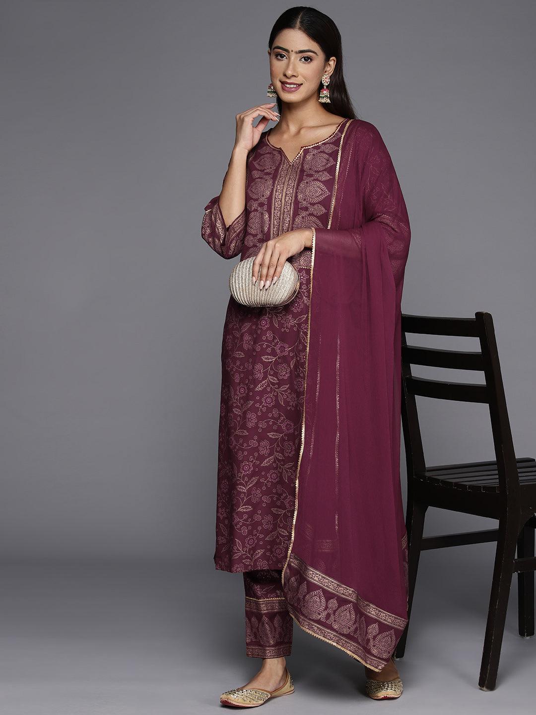 Maroon Printed Rayon A-Line Kurta With Trousers & Dupatta - Libas