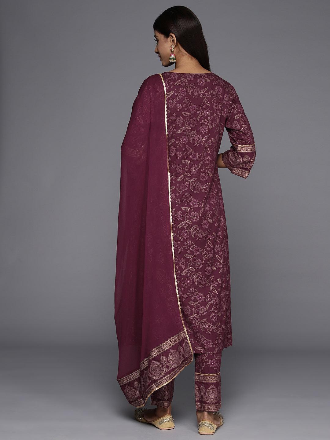 Maroon Printed Rayon A-Line Kurta With Trousers & Dupatta - Libas