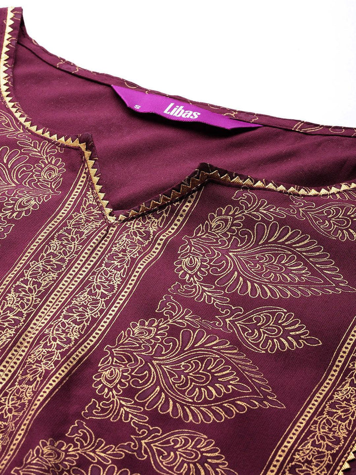 Maroon Printed Rayon A-Line Kurta With Trousers & Dupatta - Libas