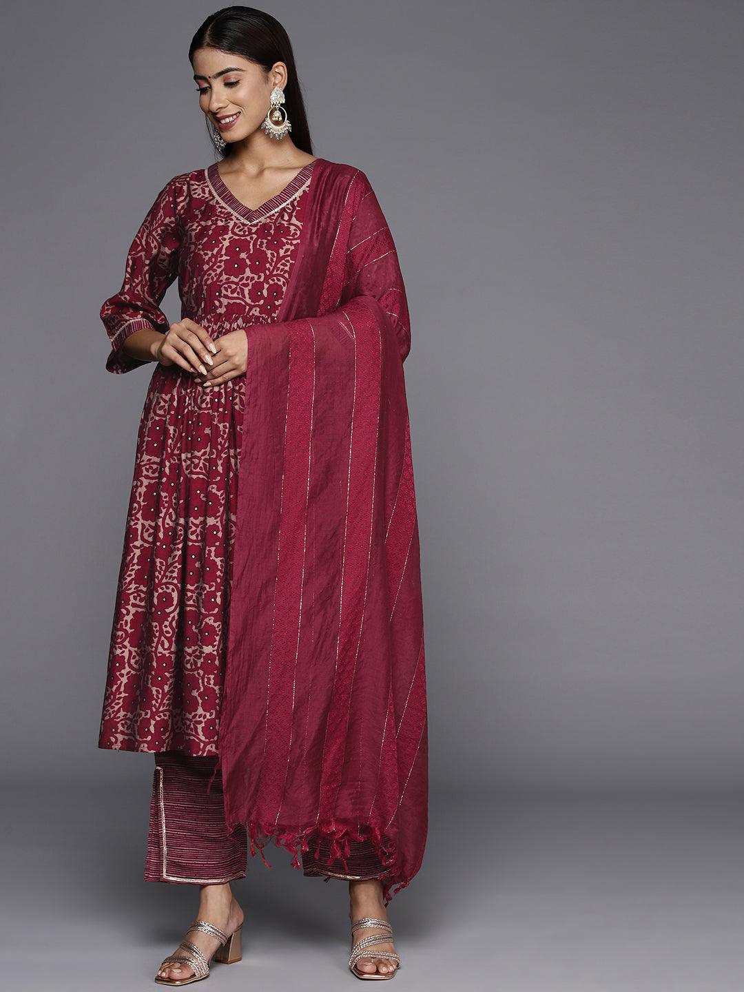 Maroon Printed Silk Blend A-Line Kurta With Trousers & Dupatta - Libas 