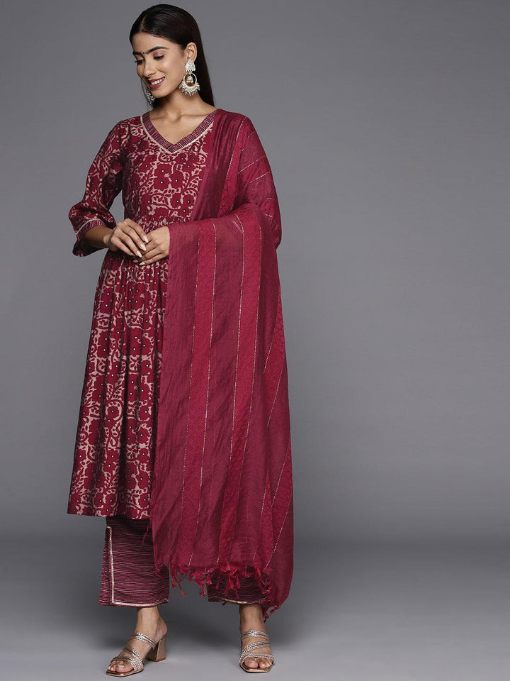 Maroon Printed Silk Blend A-Line Kurta With Trousers & Dupatta - Libas