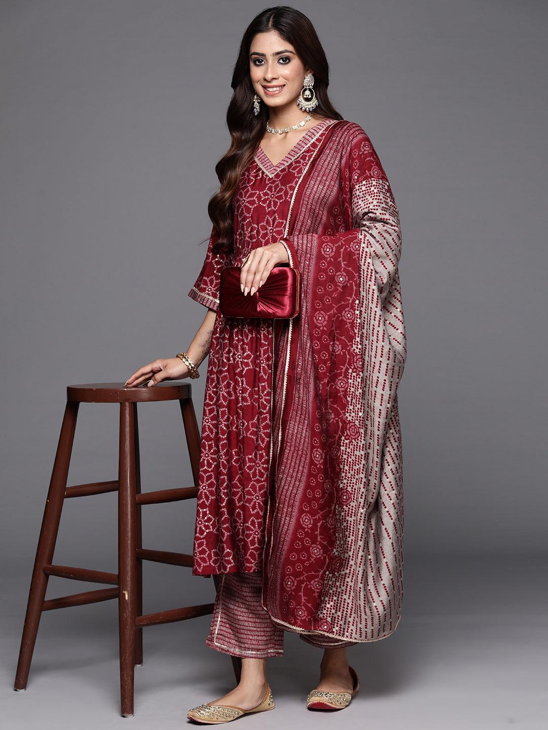 Maroon Printed Silk Blend A-Line Kurta With Trousers & Dupatta - Libas