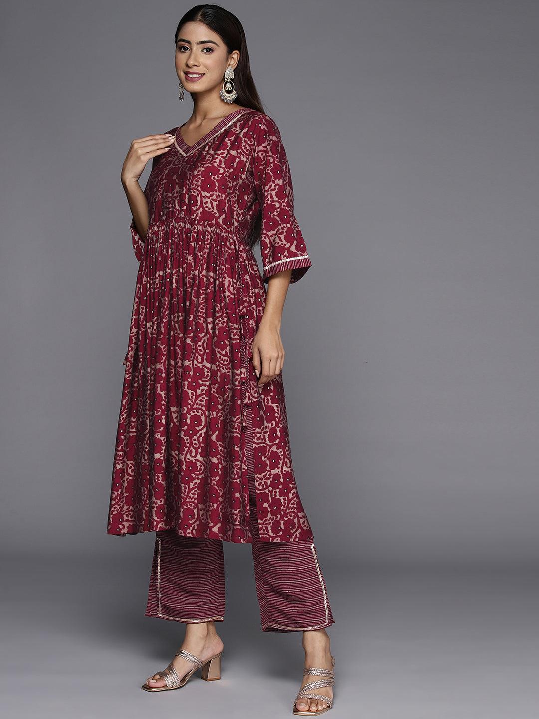 Maroon Printed Silk Blend A-Line Kurta With Trousers & Dupatta - Libas 