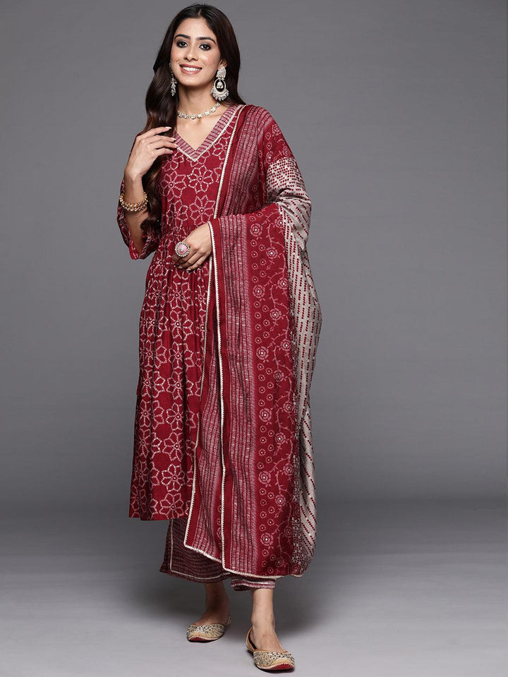 Maroon Printed Silk Blend A-Line Kurta With Trousers & Dupatta - Libas