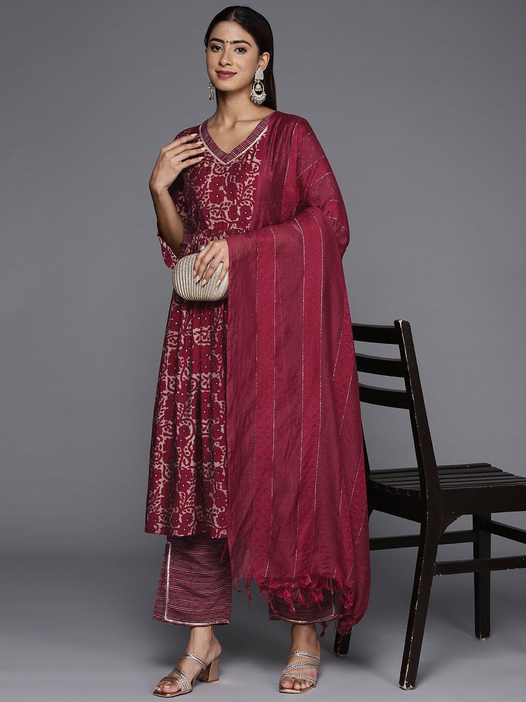 Maroon Printed Silk Blend A-Line Kurta With Trousers & Dupatta - Libas 