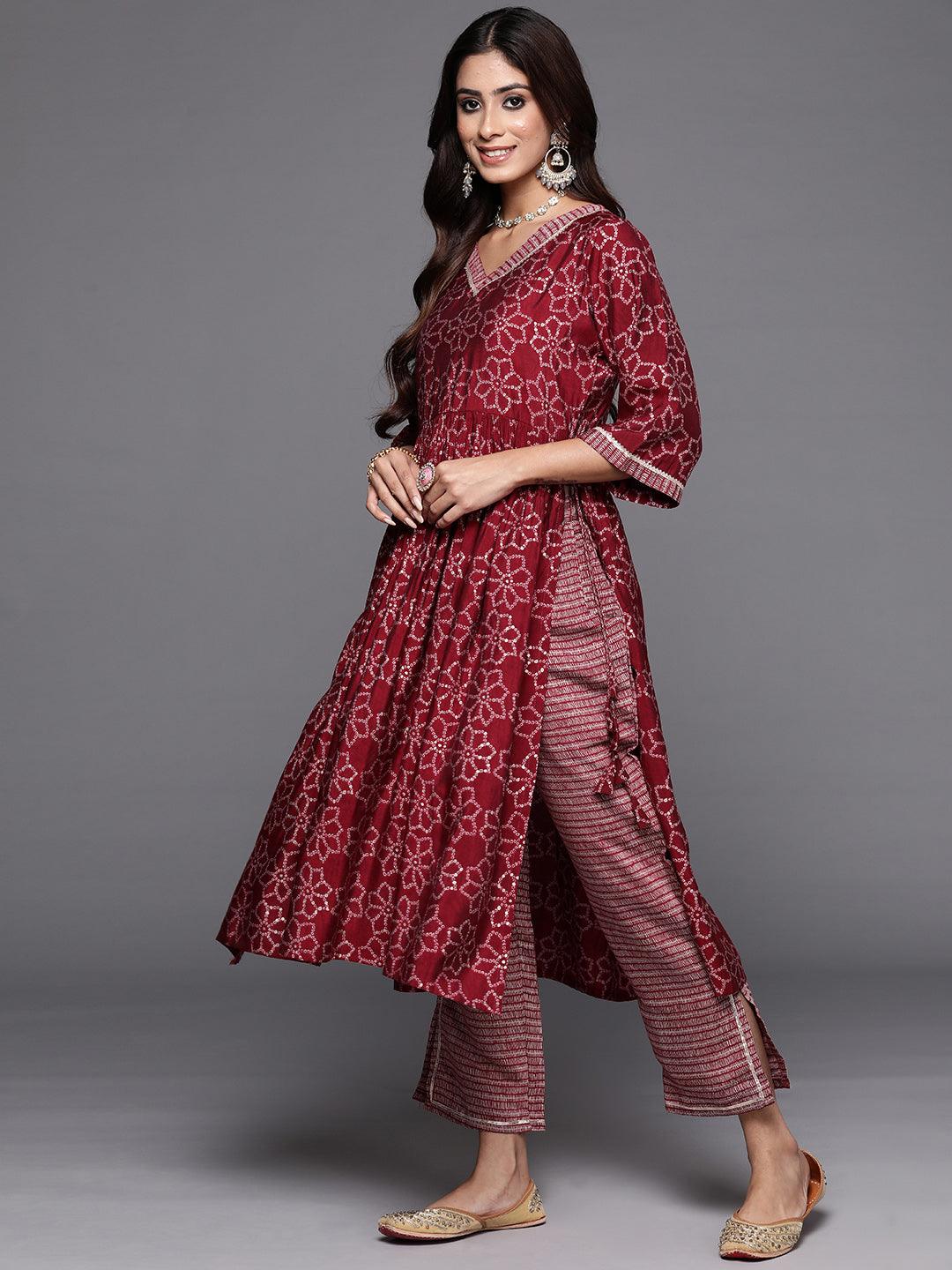 Maroon Printed Silk Blend A-Line Kurta With Trousers & Dupatta - Libas