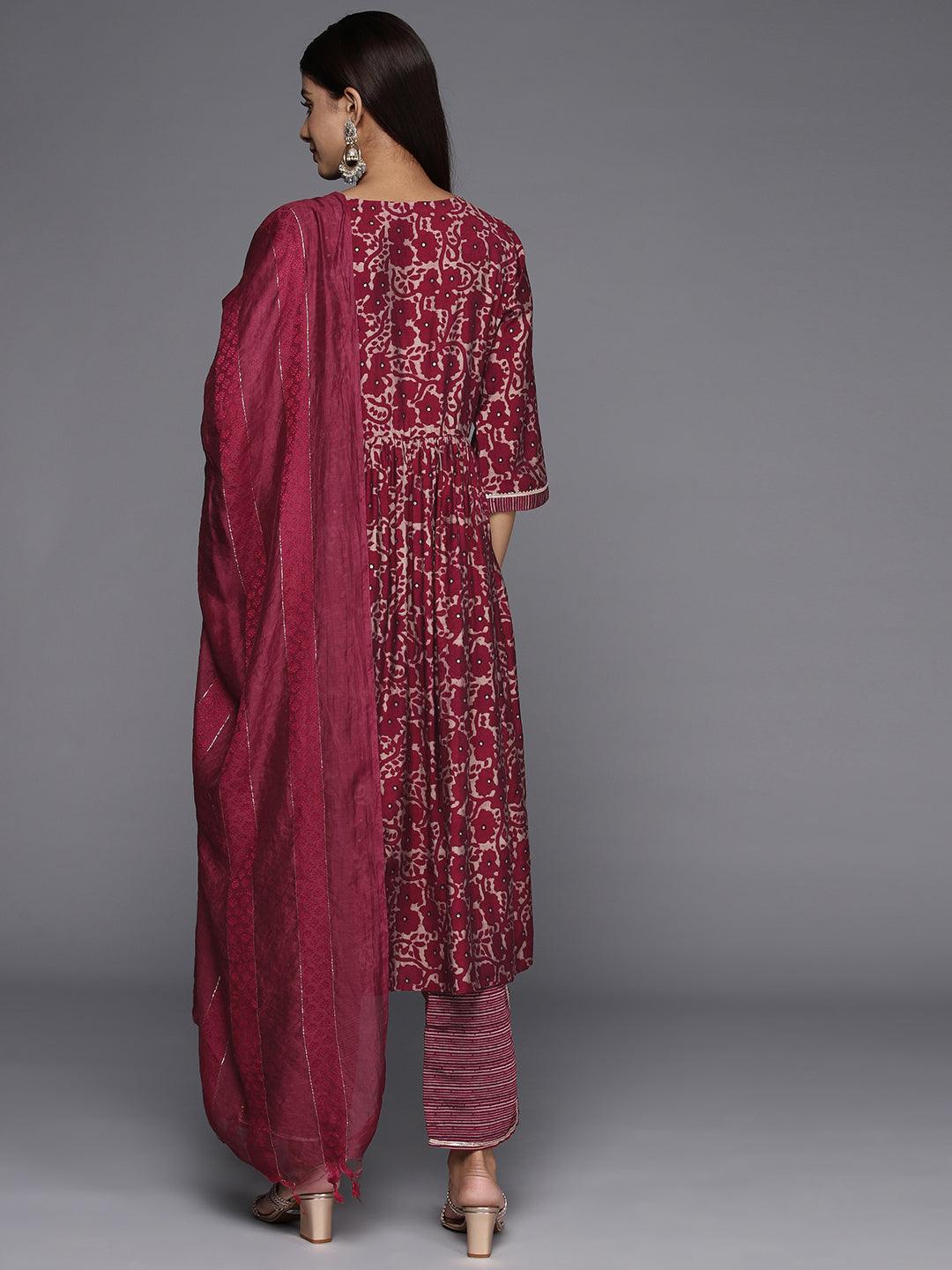 Maroon Printed Silk Blend A-Line Kurta With Trousers & Dupatta - Libas 