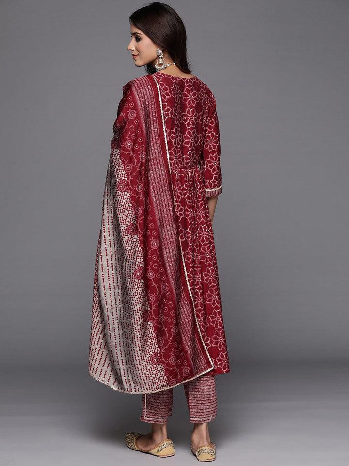 Maroon Printed Silk Blend A-Line Kurta With Trousers & Dupatta - Libas