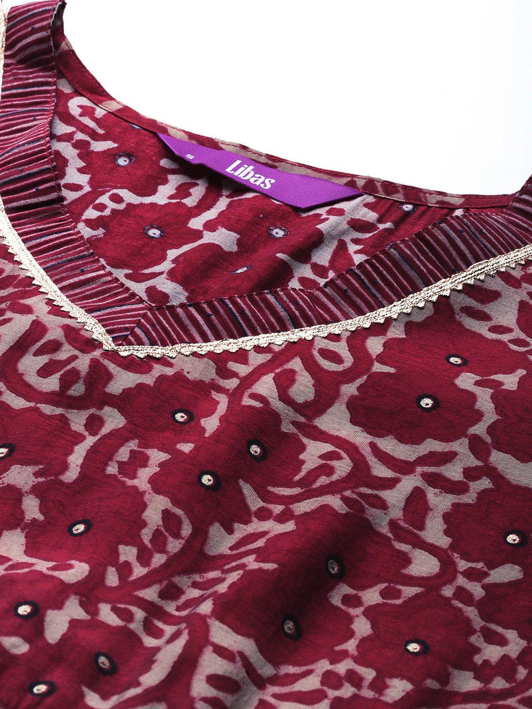 Maroon Printed Silk Blend A-Line Kurta With Trousers & Dupatta - Libas 