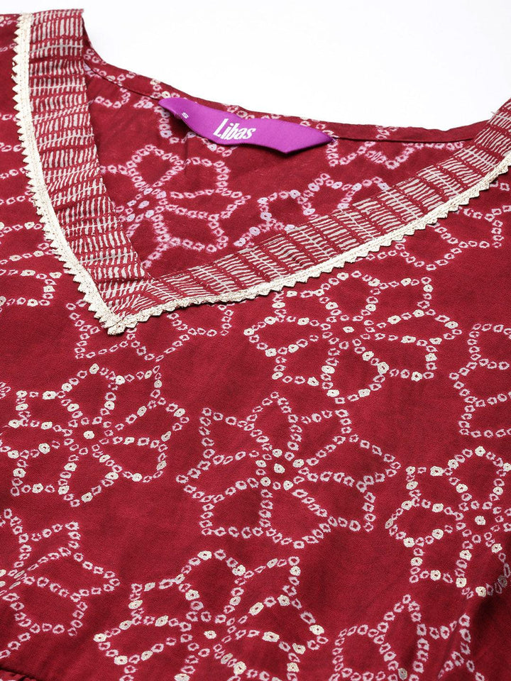 Maroon Printed Silk Blend A-Line Kurta With Trousers & Dupatta - Libas