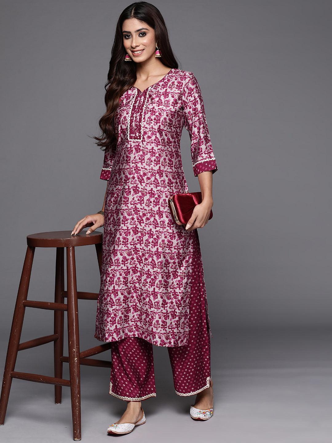 Maroon Printed Silk Blend Straight Kurta With Palazzos - Libas