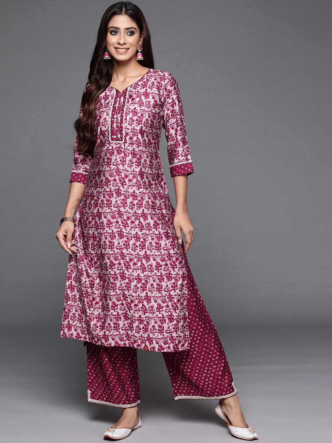 Maroon Printed Silk Blend Straight Kurta With Palazzos - Libas