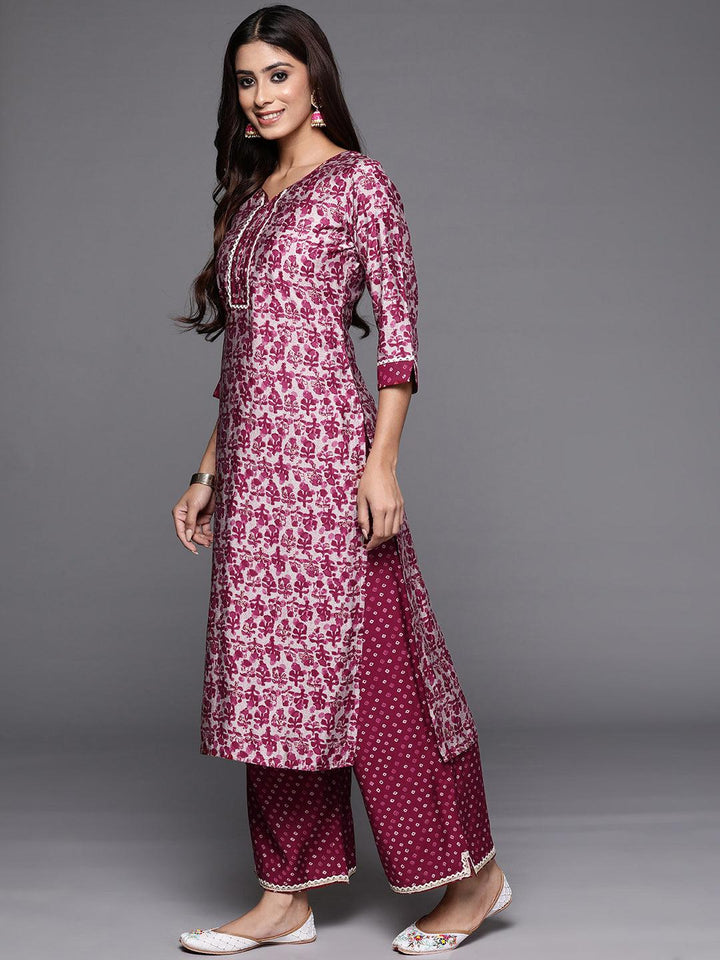 Maroon Printed Silk Blend Straight Kurta With Palazzos - Libas