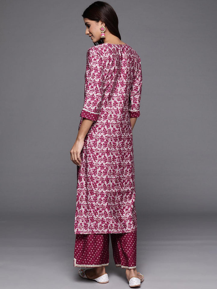 Maroon Printed Silk Blend Straight Kurta With Palazzos - Libas