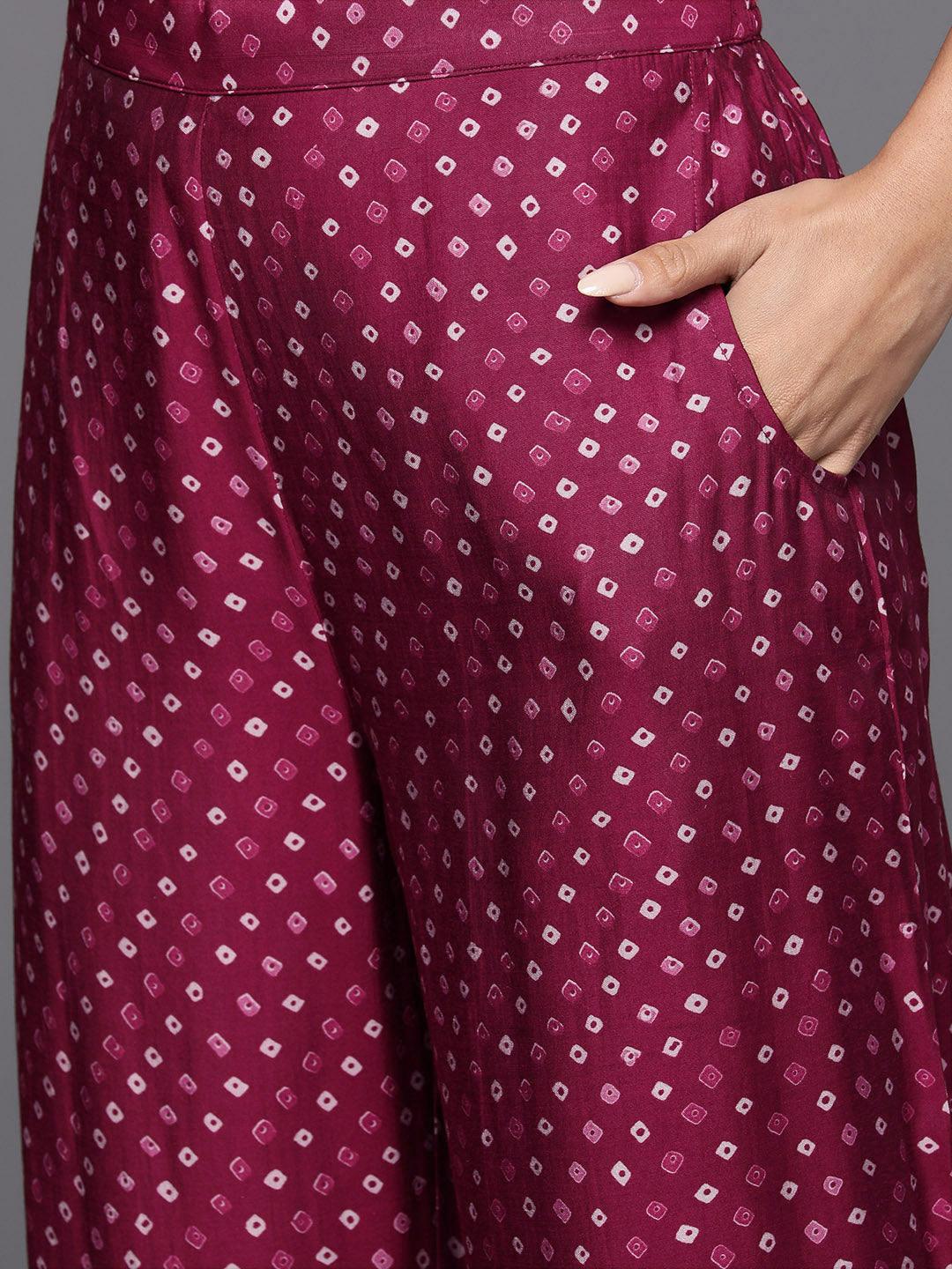 Maroon Printed Silk Blend Straight Kurta With Palazzos - Libas