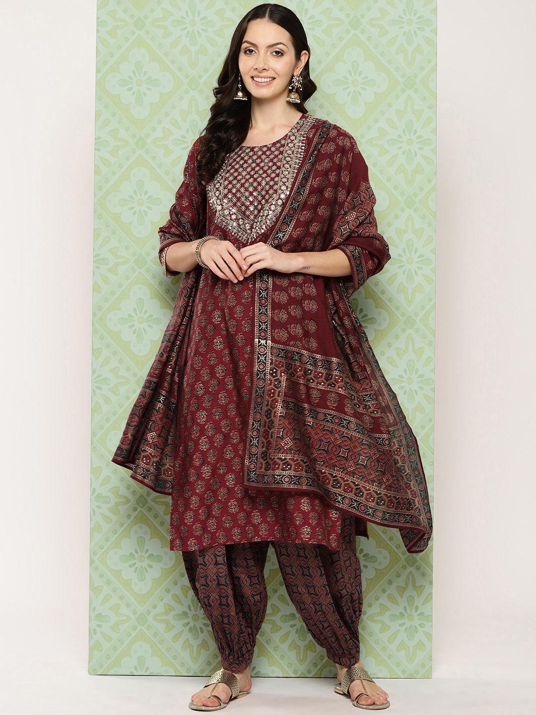 Maroon Printed Silk Blend Straight Kurta With Salwar & Dupatta - Libas