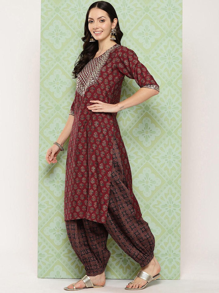 Maroon Printed Silk Blend Straight Kurta With Salwar & Dupatta - Libas