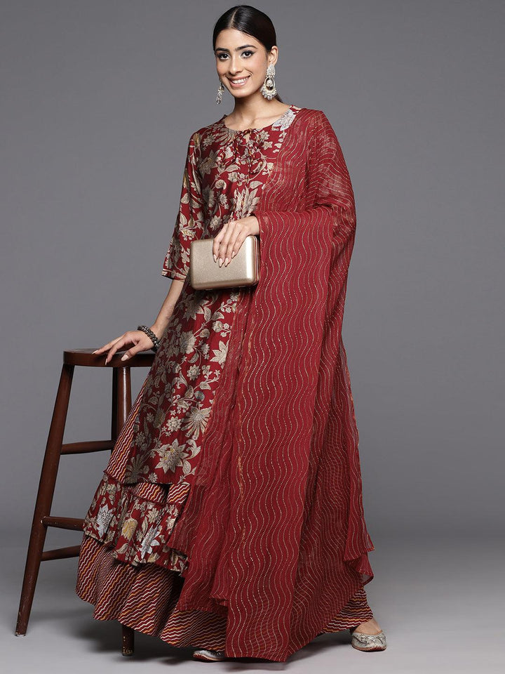 Maroon Printed Silk Blend Straight Kurta With Skirt & Dupatta - Libas