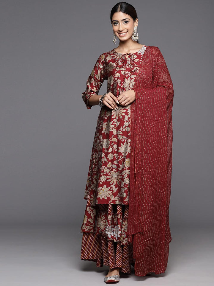 Maroon Printed Silk Blend Straight Kurta With Skirt & Dupatta - Libas