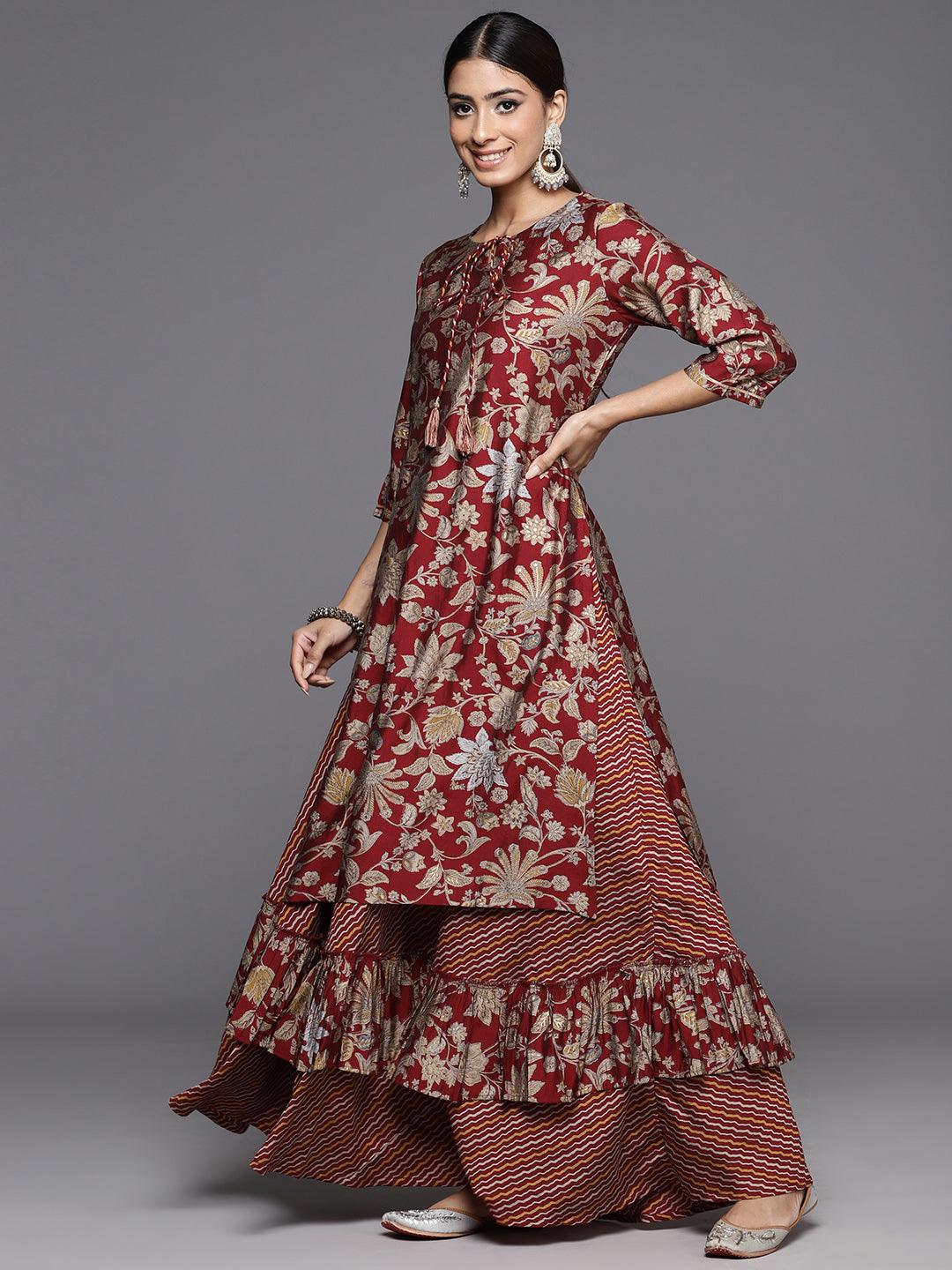 Maroon Printed Silk Blend Straight Kurta With Skirt & Dupatta - Libas