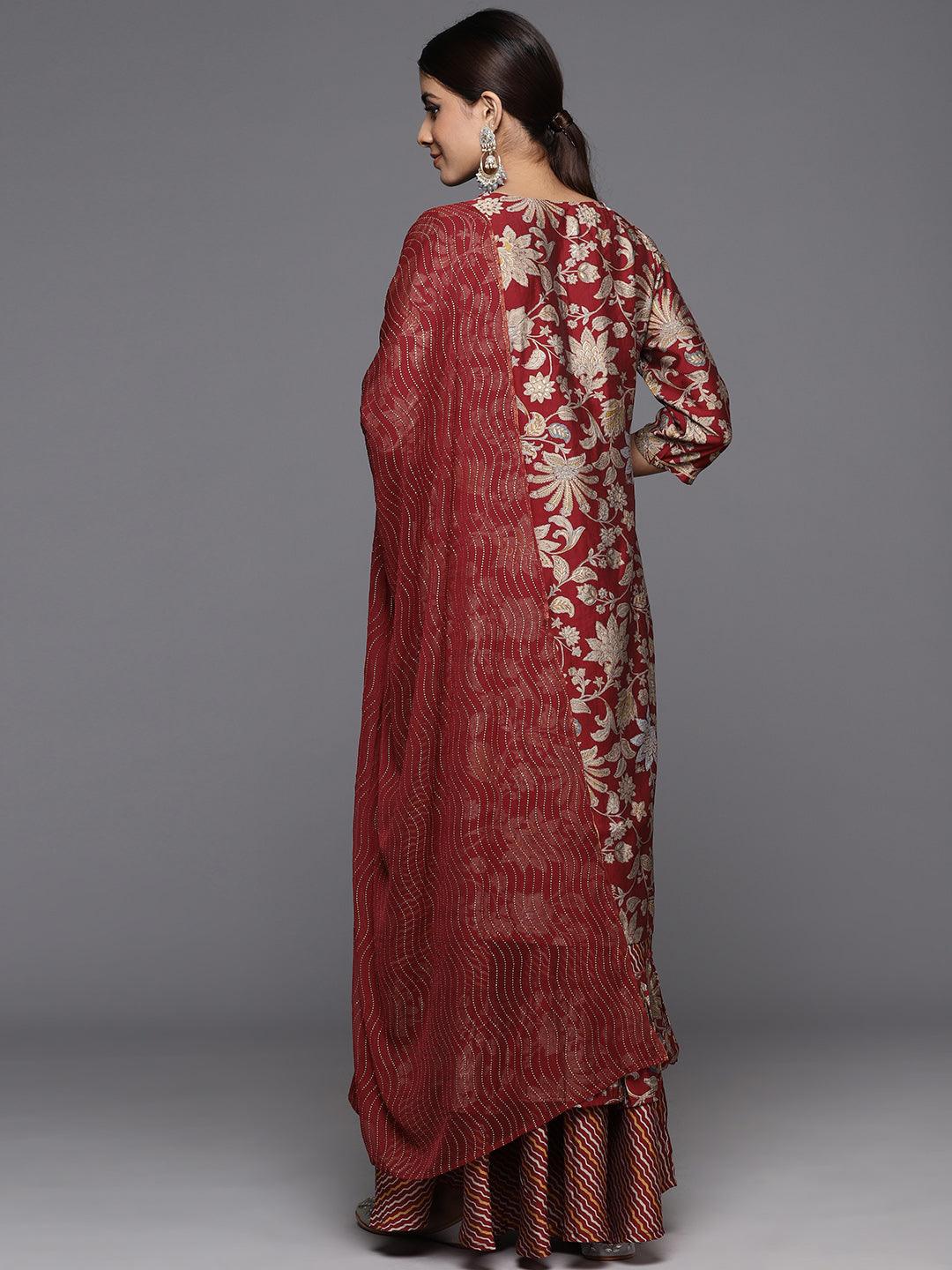 Maroon Printed Silk Blend Straight Kurta With Skirt & Dupatta - Libas