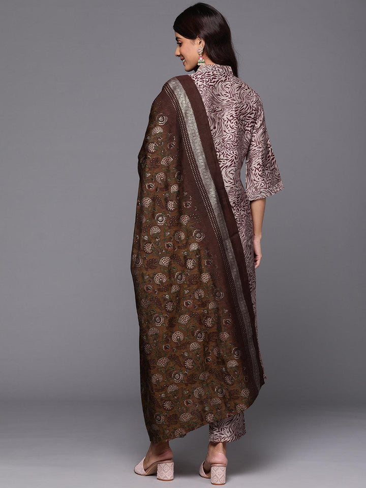 Maroon Printed Silk Blend Straight Kurta With Trousers & Dupatta - Libas