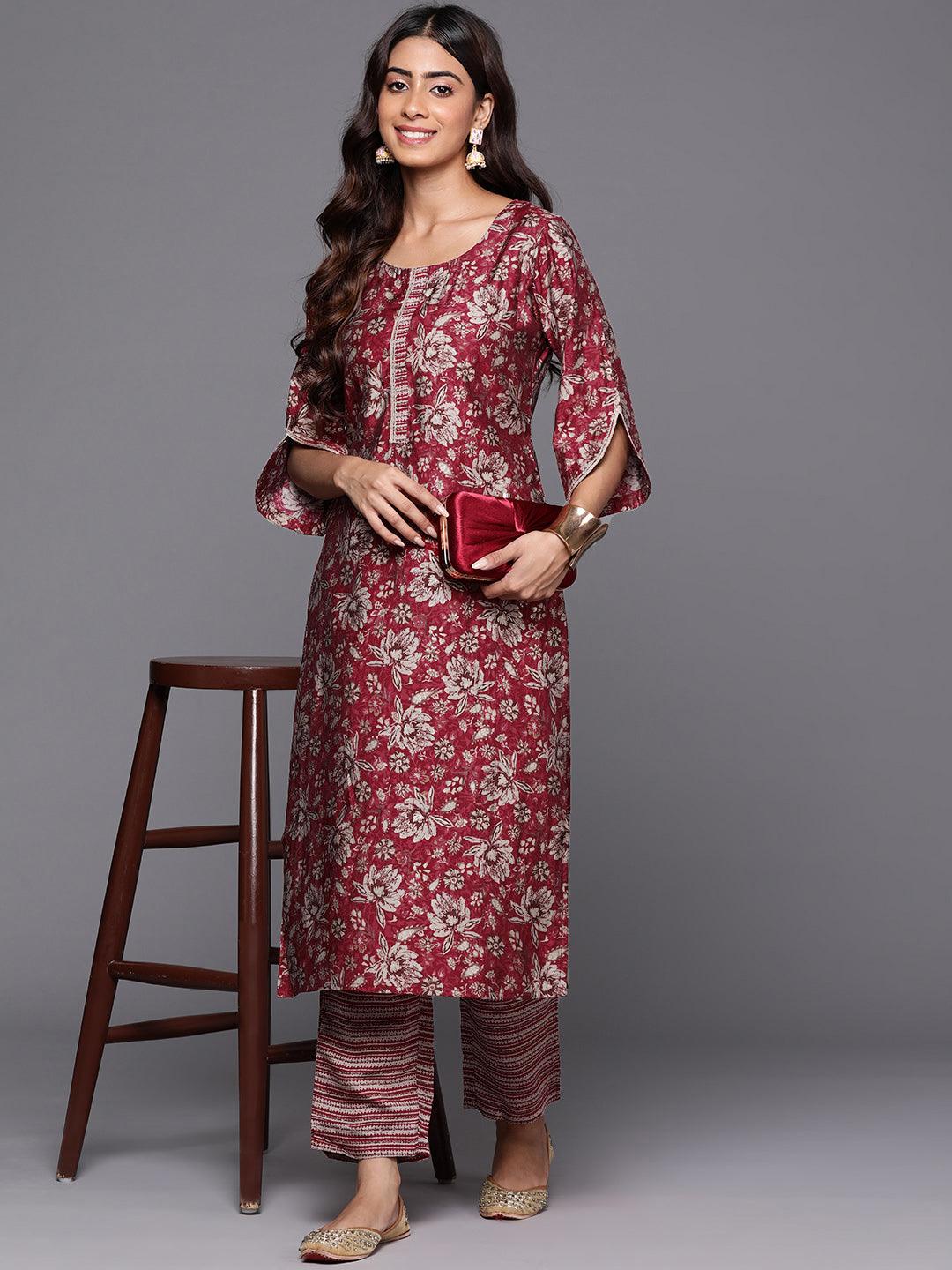 Maroon Printed Silk Blend Straight Kurta With Trousers - Libas 