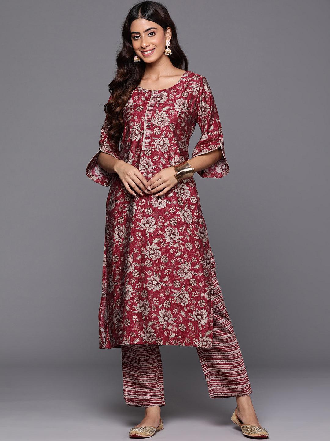 Maroon Printed Silk Blend Straight Kurta With Trousers - Libas 