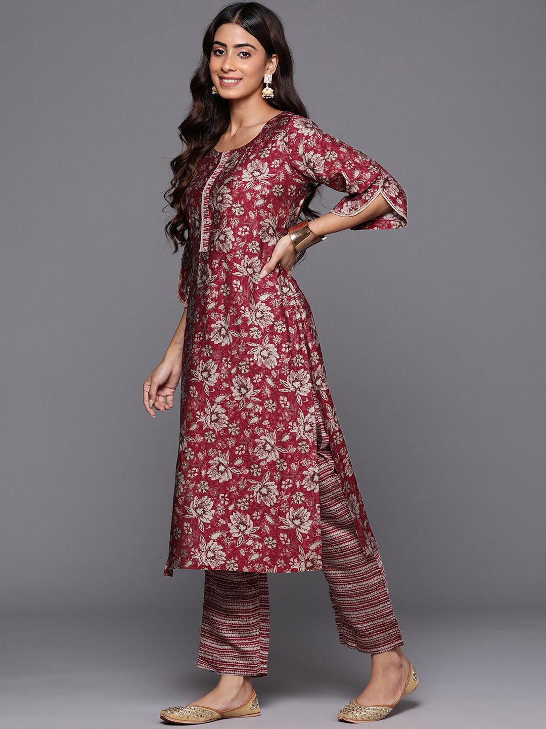 Maroon Printed Silk Blend Straight Kurta With Trousers - Libas 