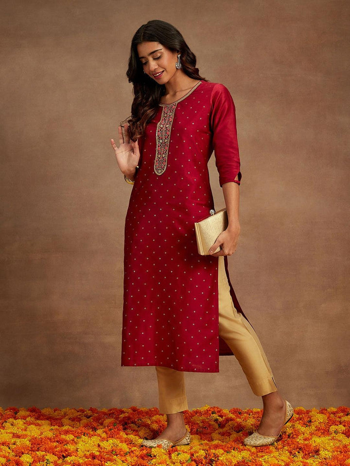 Maroon Printed Silk Straight Kurta - Libas