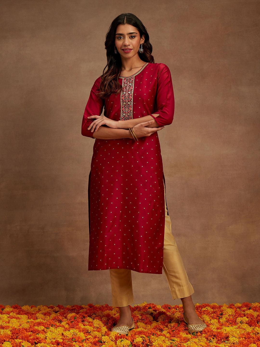 Maroon Printed Silk Straight Kurta - Libas