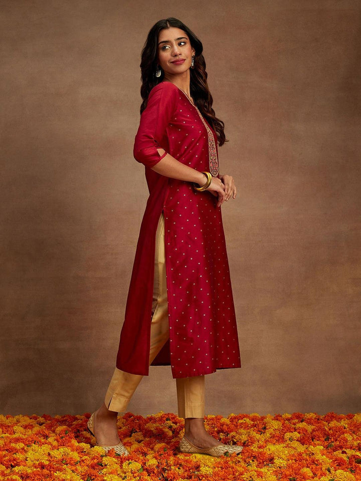 Maroon Printed Silk Straight Kurta - Libas