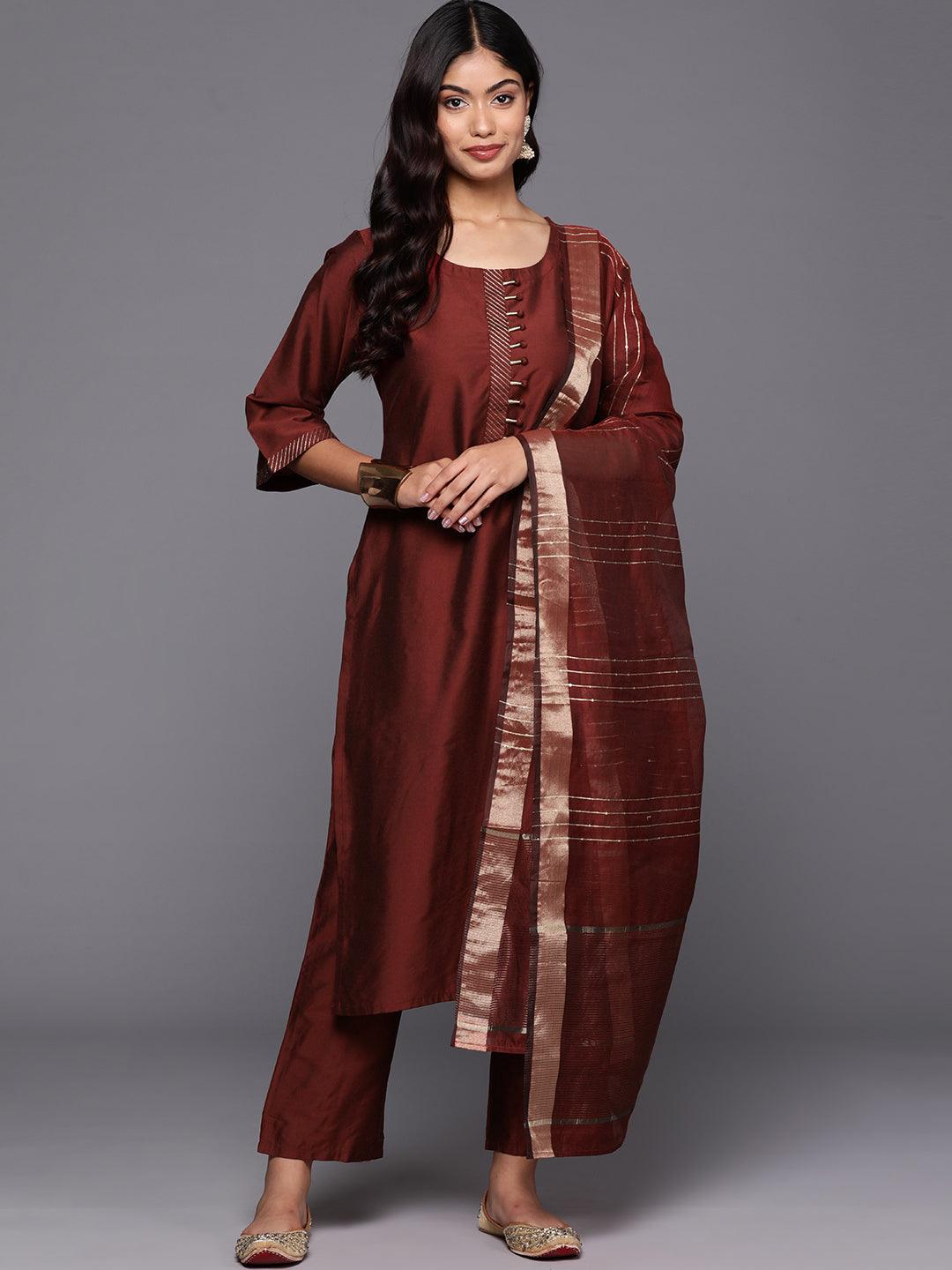 Maroon Solid Silk Blend Straight Kurta With Trousers & Dupatta - Libas