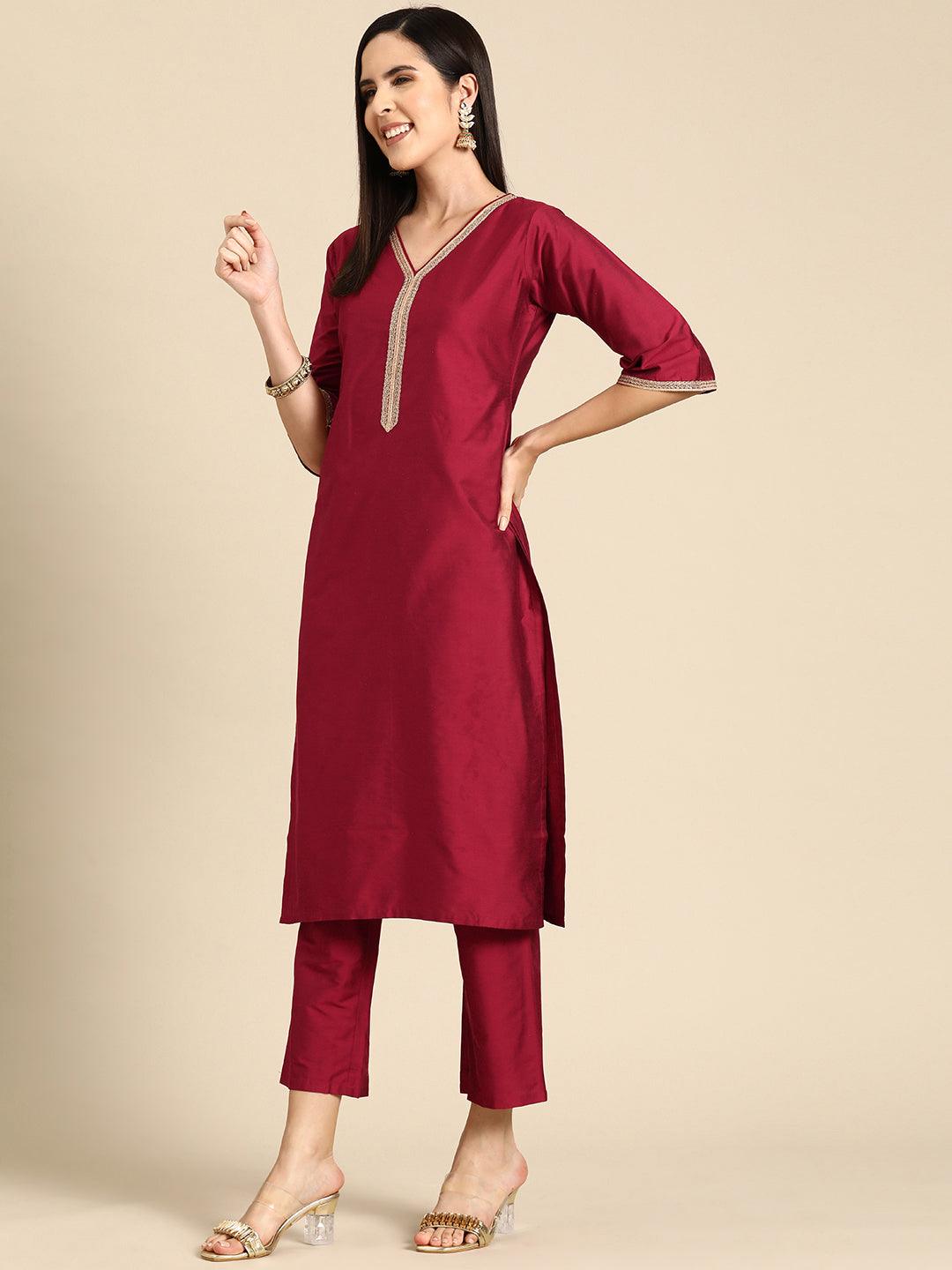 Maroon Solid Silk Blend Straight Kurta With Trousers & Dupatta - Libas