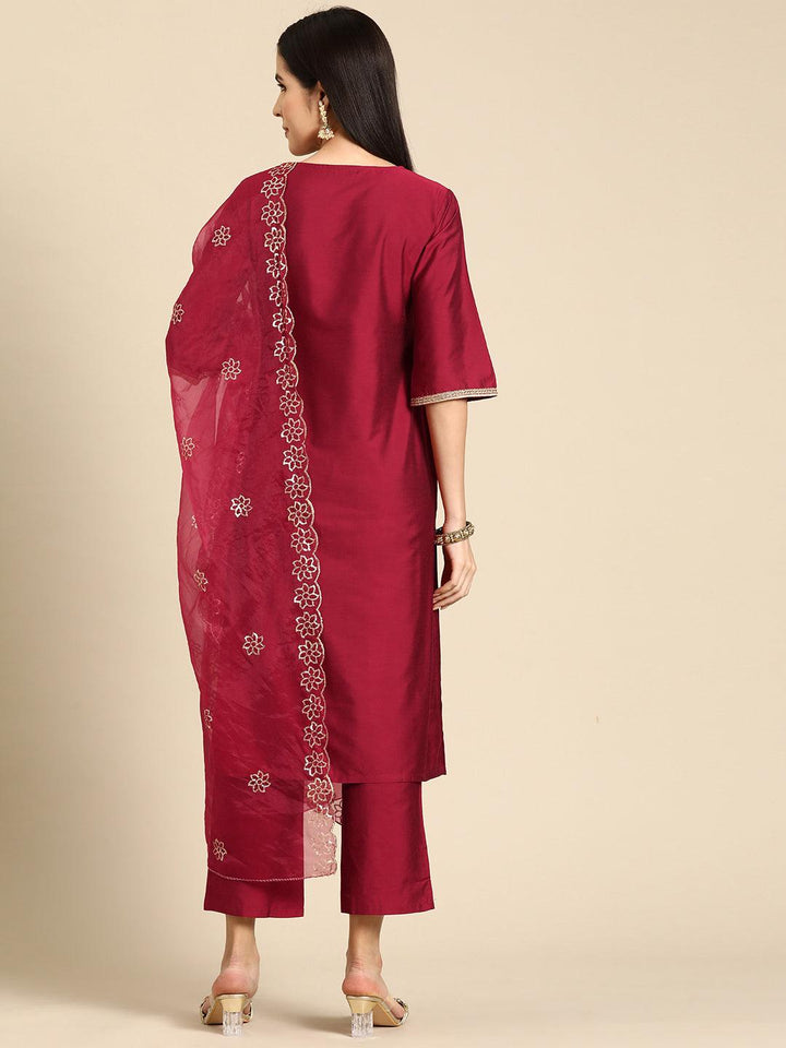 Maroon Solid Silk Blend Straight Kurta With Trousers & Dupatta - Libas