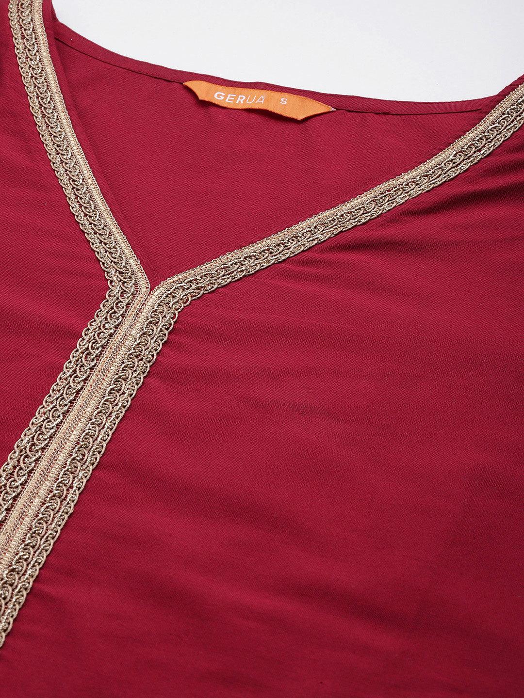 Maroon Solid Silk Blend Straight Kurta With Trousers & Dupatta - Libas